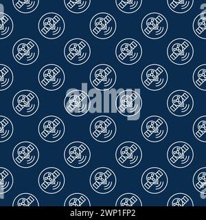 Satellite with Radiation symbol vector Nuclear Weapon in Space concept round seamless pattern in outline style Stock Vector