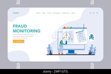 Fraud Monitoring web or landing page. Advanced protection against financial crime with real-time fraud surveillance. Keeping accounts secure and trustworthy. Flat vector illustration. Stock Vector