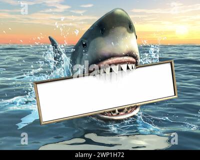 A shark holding a billboard in his mouth. Copyspace available to insert your own text/images. Digital illustration. Stock Photo