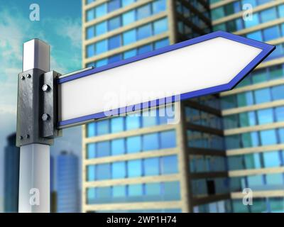 Blank signpost in a modern urban setting. Digital illustration. Stock Photo