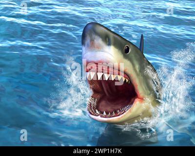 Great white shark jumping out of water with its open mouth. Digital illustration. Stock Photo