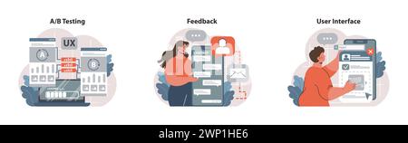 UX Design set. Digital AB testing, user feedback collection, streamlined mobile interface. Seamless navigation, enhanced user engagement. Flat vector illustration Stock Vector