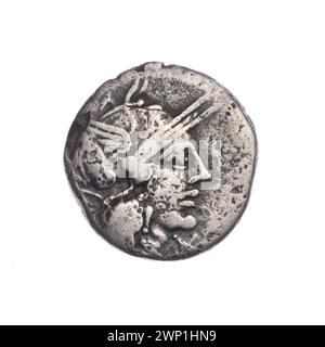 denarius; Papirius Carbo, M. (fl. 122 A.C.); 122 BC (-122-00-00--122-00-00);Jupiter (mitol.), Jupiter on a square (iconogr.), Roma (Mitol.), Scripture (attribute), Roma head in a helmet (iconogr.), Helmets, horses, squares, lightning (attribute), purchase (provenance) Stock Photo