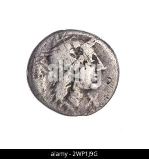 denarius; Papirius Carbo, M. (fl. 122 A.C.); 122 BC (-122-00-00--122-00-00);Jupiter (mitol.), Jupiter on a square (iconogr.), Roma (Mitol.), Scripture (attribute), Roma head in a helmet (iconogr.), Helmets, horses, squares, lightning (attribute), purchase (provenance) Stock Photo