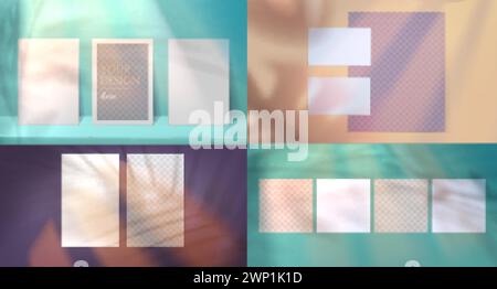 Vector realistic blank paper sheet and shadow overlay effect. Frames or greeting cards mockup design template and natural soft window light. Leaf shadows from branches, plant, foliage on empty posters Stock Vector