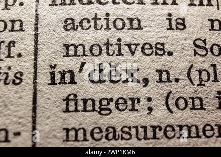 Word index on dictionary page, macro close-up Stock Photo