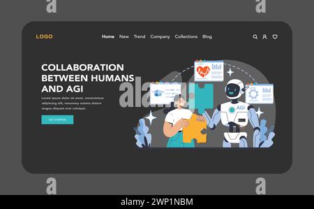 AGI night or dark mode web or landing page. Human-AI collaboration solving complex problems. Synergistic teamwork between technology and creativity. Flat vector illustration. Stock Vector
