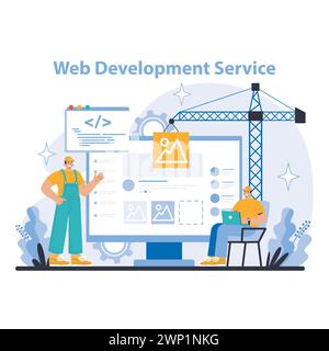 Internet services concept. Web Development Service. Building and coding advanced websites from the ground up. Expert developers crafting responsive and user-friendly interfaces. vector illustration. Stock Vector