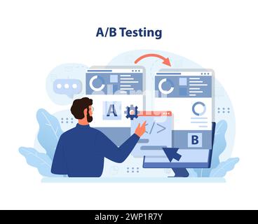 A B Testing concept. Expert analyzing two website versions, making data-driven decisions. Exploring user engagement metrics, optimizing for best performance. Digital strategy evaluation. Flat vector Stock Vector