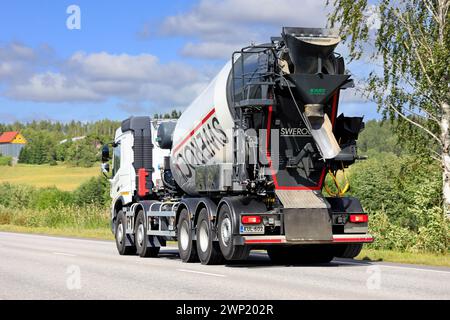 Concrete mixer truck of Swerock Oy, the largest supplier of aggregates and ready-mixed concrete in the Nordic countries. Salo, Finland. Aug 9, 2023. Stock Photo