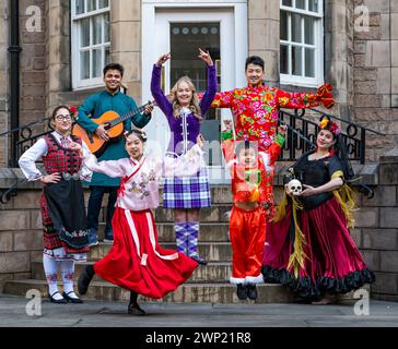 Paterson’s Land, Edinburgh, Scotland, UK, 05 March 2024. Pomegranates Festival: the programme is launched today. International dancers celebrate in traditional costume representing different dance migrant communities in Scotland. Pictured: Bulgarian Folk Dance (Gabriela Shokolarova), Gourab Dey  (Indian trad music), Scottish Highland Dance (Abby-May Shearer), Chinese Classical Folk Dance (Tony Chen and his children aged 4 and 10 years), Mexican Dance of the Death (Marianella Desanti) Credit: Sally Anderson/Alamy Live News Stock Photo