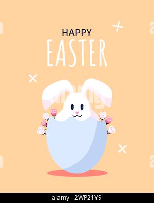 Easter postcard with Easter bunny sitting in egg with flowers. Postcard on orange background. Stock Vector
