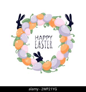 Easter wreath of orange, pink and purple eggs with silhouettes of bunnies as frame with text. Stock Vector