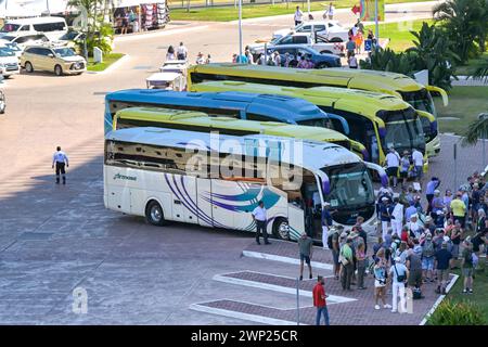 Puerto Vallarta, Jalisco, Mexico - 15 January 2024: Passengers from a cruise ship waiting to board coaches for an excursion. Stock Photo