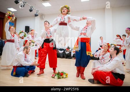 London, UK. 5th March 2024. Prolisok Ukrainian Dance Group at Association of Ukrainians in Great Britain (AUGB). British-based Ukrainians, some recent refugees from their war-torn homeland, continue weekly dance rehearsals with the Prolisok dance ensemble, currently in its 10th year. Founded in 2014 by Iryna Jankovics, dance routines combine traditional folk routines with modern choreography and pride in displaying Ukraine’s rich culture. Prolisok is named after the snowdrop, the first flower of spring, which blossoms throughout Ukraine. Credit: Guy Corbishley/Alamy Live News Stock Photo