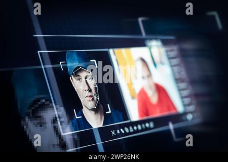 Deep fake. Deepfake and AI artificial intelligence video editing technology. Face of a person in editor. Machine learning concept. Fraud picture swap. Stock Photo