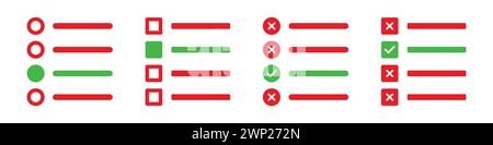 Tick the correct option quiz vector illustration with red cross and green tick. Online exam quiz test with checkmark icons. To do list with checkbox. Stock Vector