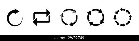 Circular recycling symbol set in black color. Circle recycle arrow icon set. Circular recycle, reuse, reload, refresh, repeat icon set in black color. Stock Vector