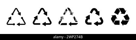 Recycling symbol set in black color. Triangle recycle arrow icon set. Triangular recycle, reuse icon set. Set of triangular recycling icons in black. Stock Vector