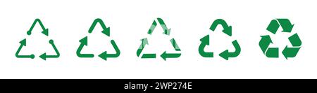 Recycling symbol set in green color. Triangle recycle arrow icon set. Triangular recycle, reuse icon set. Set of triangular recycling icons in green. Stock Vector