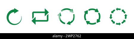 Circular recycling symbol set in green color. Circle recycle arrow icon set. Circular recycle, reuse, reload, refresh, repeat icon set in green color. Stock Vector