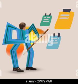 Contemporary art collage. Young man, manager with long arms and legs writing sticky notes to monthly spending plan. Stock Photo