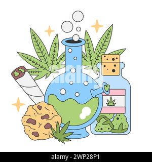 Recreational cannabis use concept. Bong with cannabis leaves, joint, and edibles. Relaxation and enjoyment. Flat vector illustration Stock Vector