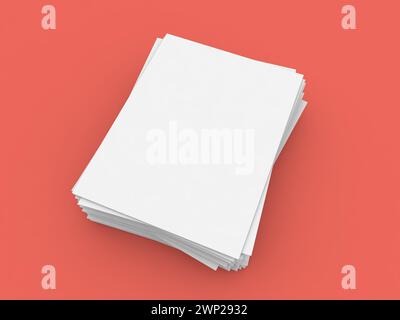 White sheets of A4 office paper on a red background. 3d render illustration. Stock Photo