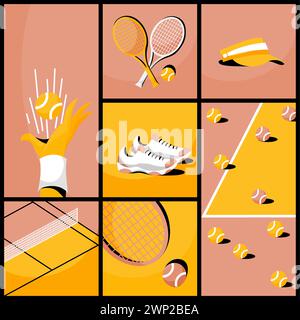 Creative collage. Set of tennis game items in pastel peach and yellow colors - racket, balls, sneakers, cap, court with net Stock Vector