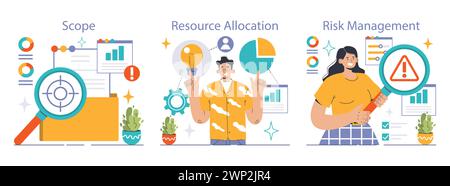 Project Management set. Identifying scope, optimizing resources, mitigating risks. Effective planning, strategy, team collaboration. Flat vector illustration Stock Vector