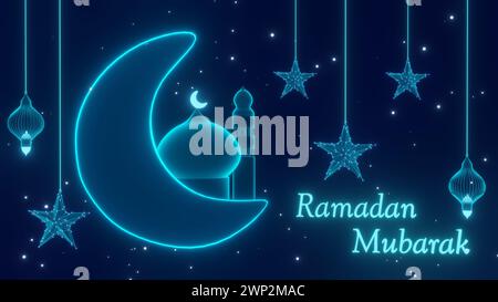 Ramadan Mubarak Islamic background with crescent moon, mosque, and hanging neon stars and glowing particles. Ramadan, Mubarak, iftar, Islamic , religi Stock Photo