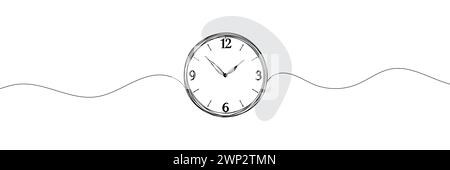 Continuous one line drawing clock icon with doodle handdrawn style. Vector illustration on white background Stock Vector
