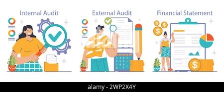 Audit process set. Professionals evaluating financial records. Internal checks, third-party verifications, clear reports. Integrity, accuracy, transparency in finance. Flat vector illustration Stock Vector
