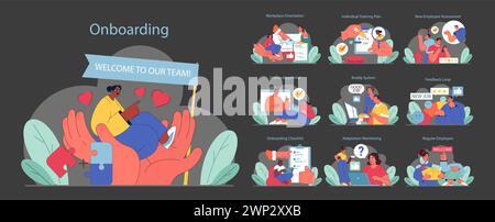 Onboarding dark or night mode set. Welcoming new hires with comprehensive steps. From orientation to becoming a team member. Flat vector illustration. Stock Vector