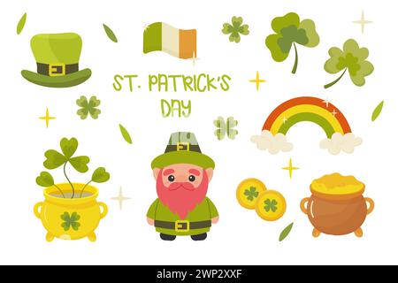 St. patrick's day set, leprechaun, pot of gold, clover, rainbow. On a white background vector. Stock Vector