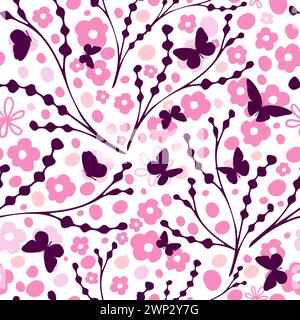 Seamless pattern of simple sakura flowers (cherry blossom) with butterflies. hand drawing. Not AI, Vector illustration Stock Vector