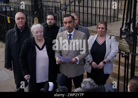 Margaret Caldwell (front left), mother of murder victim Emma Caldwell and lawyer Aamer Anwar (centre) and other family members, speak to the media outside Bute House in Edinburgh, following a meeting with the First Minister of Scotland Humza Yousaf, after Mrs Caldwell's demands for a public inquiry into the failings surrounding the investigation into the murder of her daughter. Picture date: Tuesday March 5, 2024. Stock Photo