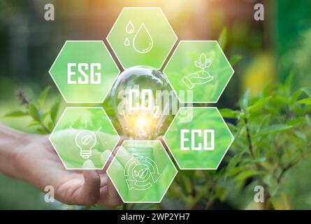 Sustainable development and business operations based on renewable energy CO2 Emission Reduction Concepts Green industries using renewable energy can Stock Photo