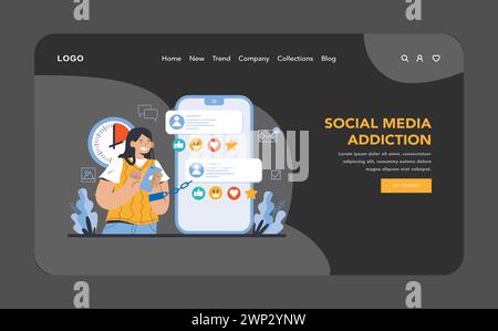 Internet addiction night or dark mode web or landing page. Illustration shows a person tethered to a phone, a stark metaphor for the binding power of social media addiction. Flat vector illustration. Stock Vector