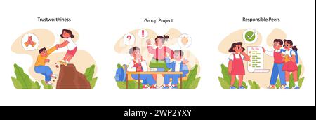 Child Responsibility set. Kids demonstrating trust, cooperation in group projects, and task management. Learning accountability through actions and teamwork. Flat vector illustration Stock Vector