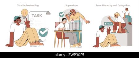 Task Delegation concept set. Visual narratives on the exercise of authority, shared tasks, and personal accountability in a work setting. Vector illustration Stock Vector