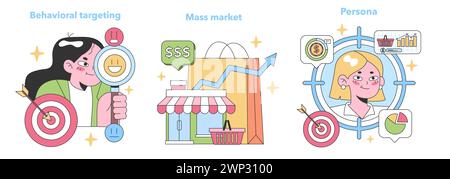 Marketing Strategies set. Behavioral targeting precision, expansive reach of mass market, persona analysis for business insight. Consumer-centric campaigns, audience segmentation. Stock Vector