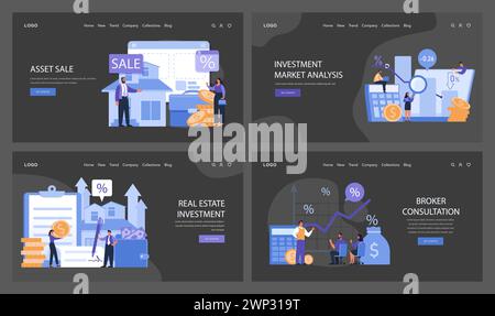 Investment solutions web or landing set. Asset sale techniques, in-depth market analysis, profitable real estate investment, and expert broker consulting. A financial strategy blueprint. Flat vector. Stock Vector