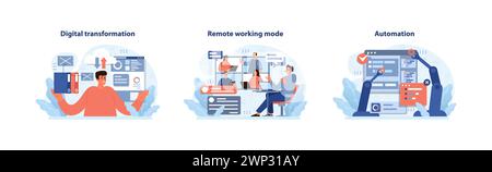 Digital Business trio. Seamless integration of digital transformation, remote work dynamics, and automation processes. Future of work and technology synergy. Flat vector illustration. Stock Vector
