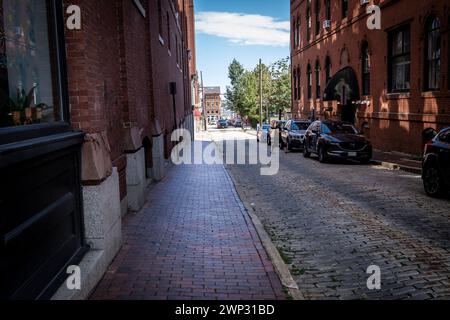 Historical Old Port, a district of Portland, Maine, known for its cobblestone streets, Portland, ME Stock Photo