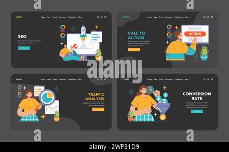 Conversion Rate Optimization set. Experts analyzing website performance ...