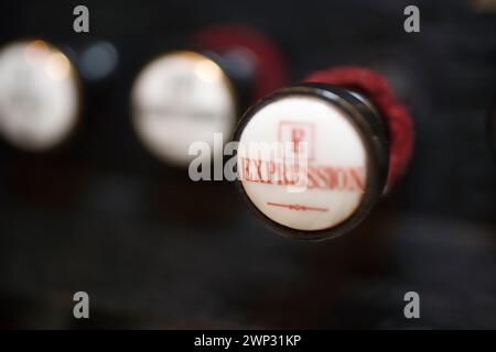 Stop knob of a pump organ labelled Expression Stock Photo