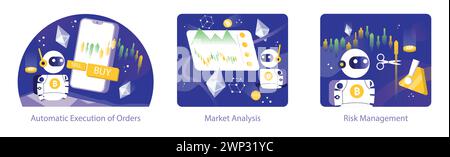 Trading and Crypto Bot set. Safety and continuous operation, showcasing secure, encrypted trading and round-the-clock market engagement with algorithmic precision. Vector illustration. Stock Vector