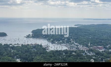 Aerial view of Camden, Harbor Maine with fall foliage Stock Photo