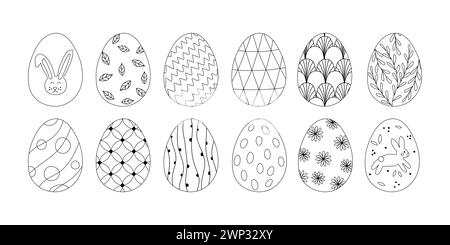 Set of Easter eggs with different patterns, doodle style flat vector outline illustration for kids coloring book Stock Vector